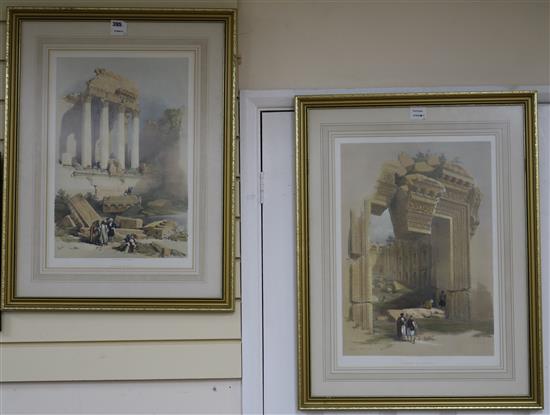 David Roberts, 2 coloured lithographs, Doorway of Baalbec and Baalbec, 54 x 35cm